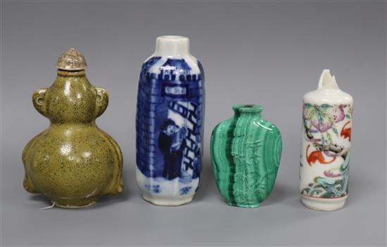 A Chinese malachite snuff bottle and three porcelain snuff bottles, 19th / 20th century (4) Tallest 9cm